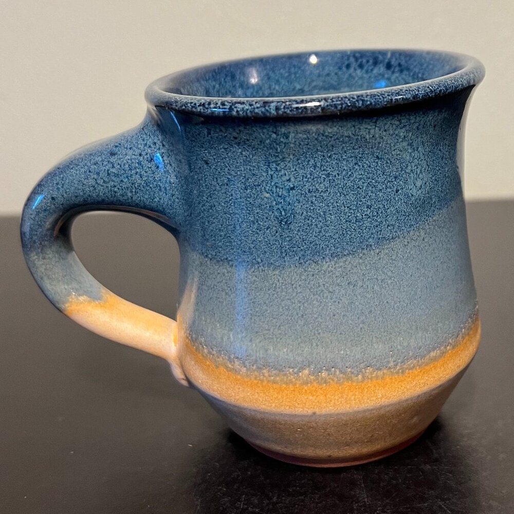 Handcrafted Studio Pottery Coffee Mug Tricolor Glaze Blue Beige Artist Signed